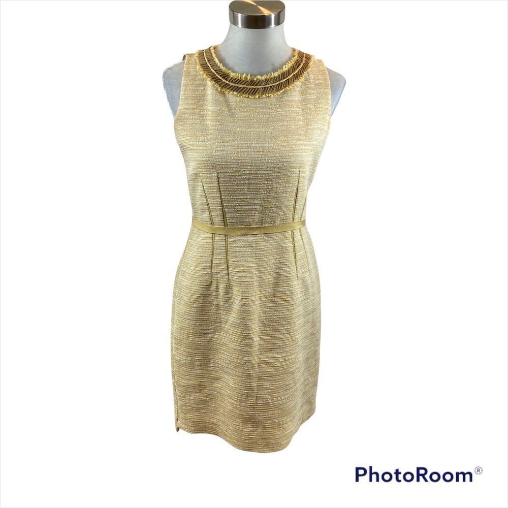 Elle Tahari Yellow Gold Tweed Dress with Embellished Neckline‎ Sleeveless Size 6